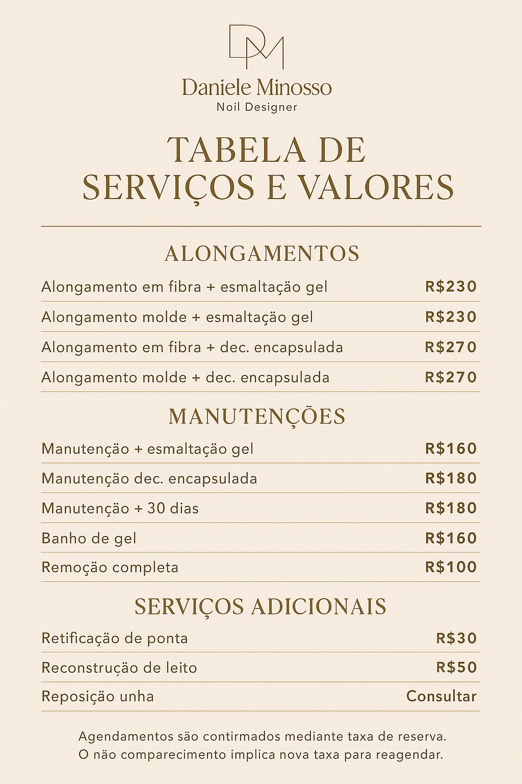 Tabela de serviços e valores de Daniele Minosso